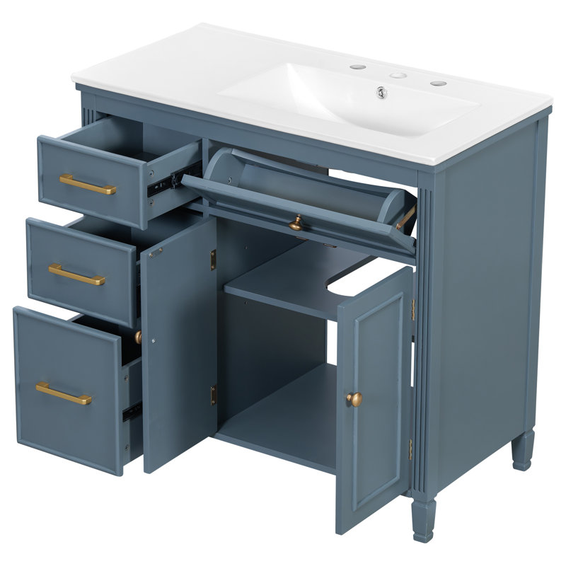 Meuble-lavabo autoportant 36 po avec lavabo en céramique, 4 tiroirs et tablette réglable, structure en bois massif bleu gris