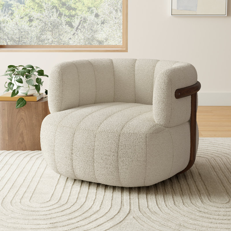 Gian Upholstered Swivel Barrel Chair, Altro Snow Polyester Blend