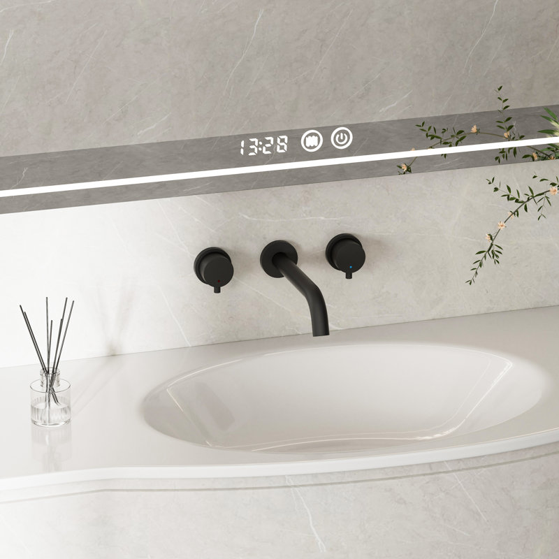 Round Wall-Mounted Bathroom Basin Faucet With Dual Handles 3-Hole, Matte Black