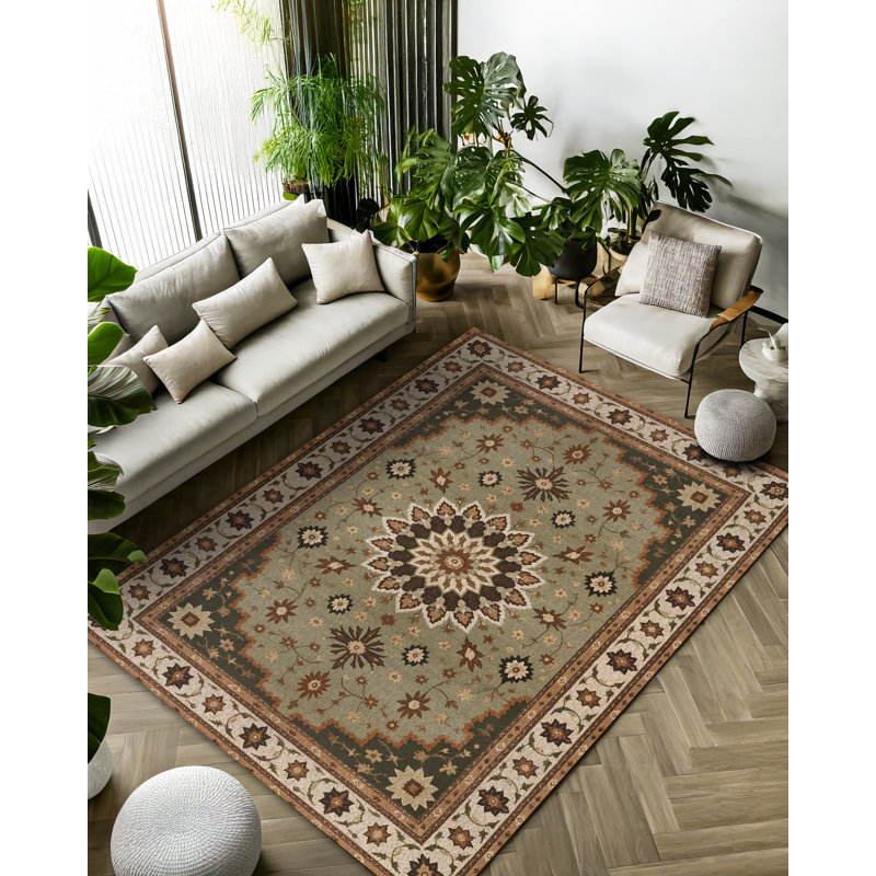 Jazeera Collection Digital Print Cotton-Polyester Green Beige Brown Floral Rug, Round 3'4"
