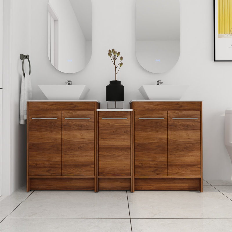 Ensemble de meuble-lavabo autoportant double 60 po avec plateau en céramique Amou