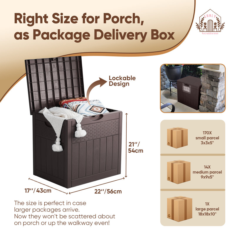EHHLY 33 Gallon Deck Box, Small Outdoor Storage Box Waterproof, Lockable Secure Package Bin Delivery Box for Outside Front Porch, Delivery Driver Snack Box for Porch