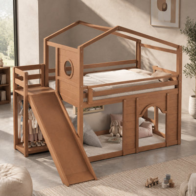Twin House Loft Bed with Slide, Bookshelves and Built-in Wardrobe, Natural Wood Bed Frame with Round Window and Arched Door