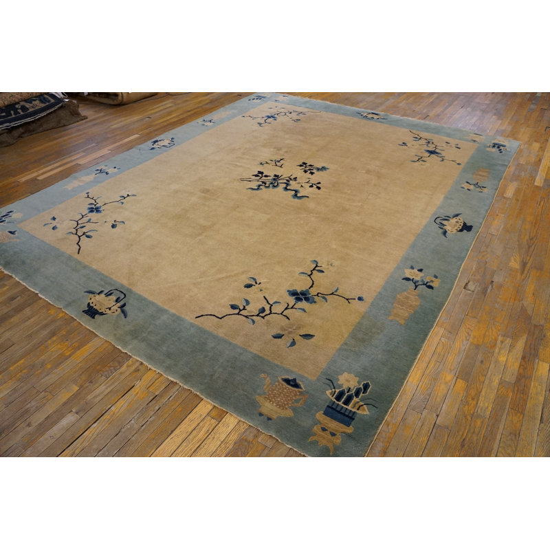 Ivory 1900s Chinese - Peking Knotted Rectangle Antique Wool Room Size Rug
