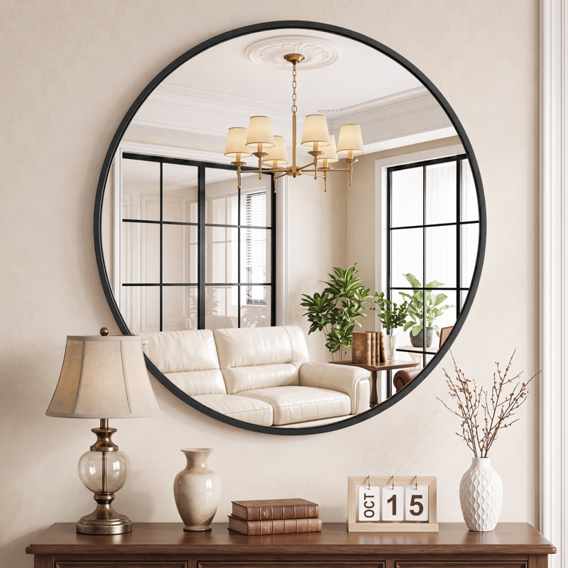 Metal Round Wall Mirror, Black, 36" x 36"