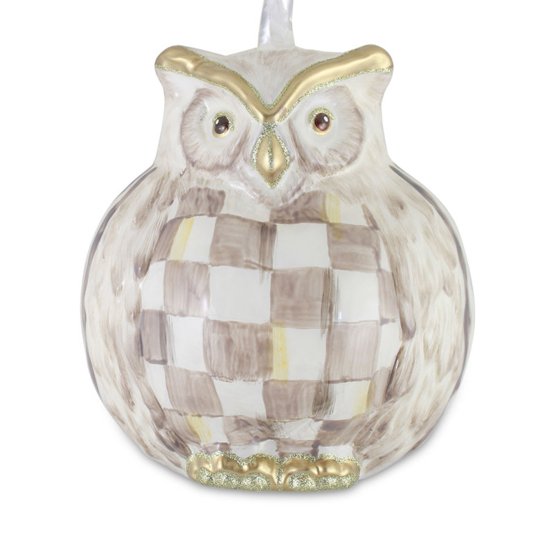 Mocha Check Owl Glass Ornament