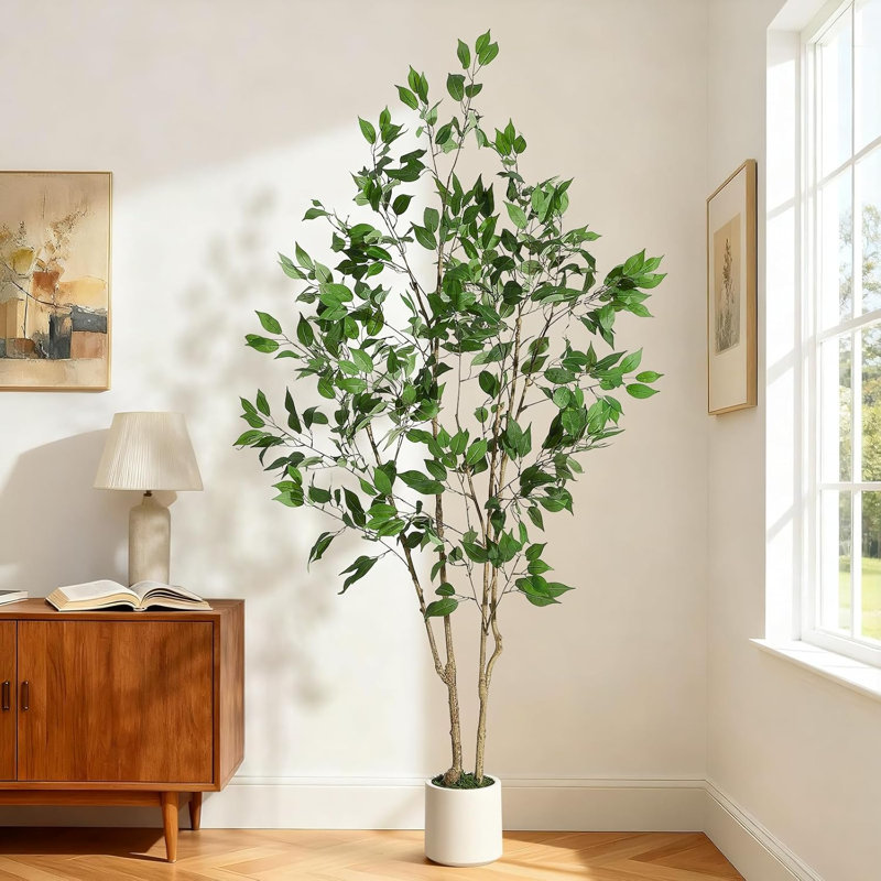 Ficus arbres artificiels d'intérieur, 6 pieds de grand ficus artificiel avec jardinière blanche et fausse mousse verte, plantes artificielles avec tronc en bois naturel et fruits réalistes pour la décoration de bureau personnel