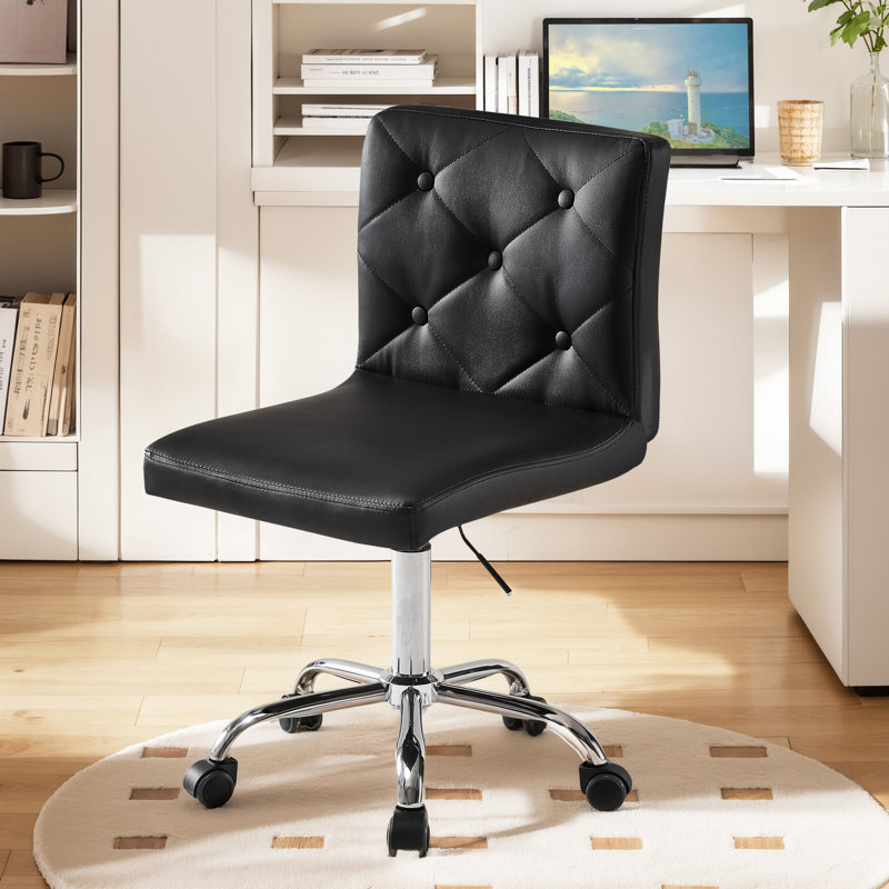 Lavdi Black Armless Office Desk Chair Modern Tufted Task Chair Faux Leather Upholstered Computer Chair with Adjustable Seat Height