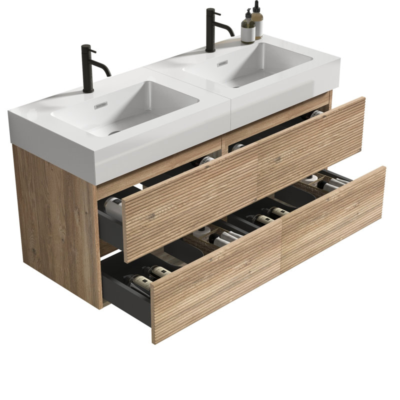 Grace 48'' Bathroom Vanity With Oak Engineered Quartz Sink And Soft Black Drawers, Wall Mounted Floating Bathroom Vanity For Modern Bathroom, One-Piece Matt  White Glossybasin, KD