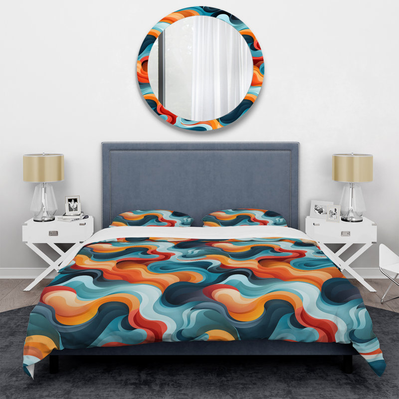 Ensemble de housse de couette Blue and Orange Swirling Waves Harmony I, Housse de couette simple + 1 taie décorative stan