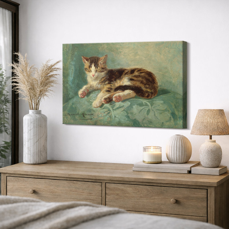 Illustration rétro de chaton endormi, images de chambre de bébé, impression sur toile encadrée, impression numérique.