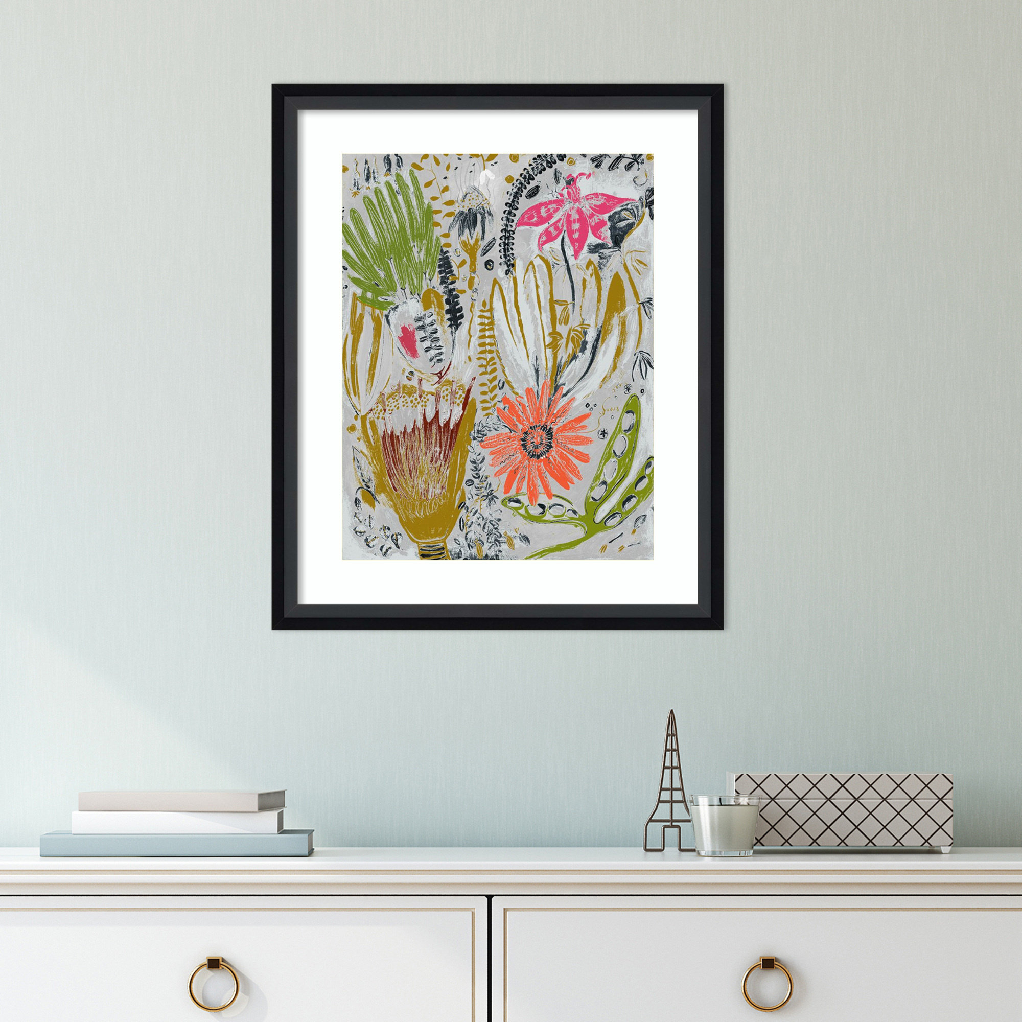 Tropical Blooms by Maya Woods, 14" W x 17" H, Black