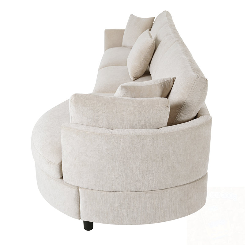 Chenille 3-Piece Sectional Sofa With Curved Chaise And 3 Throw Pillows, Beige Chenille