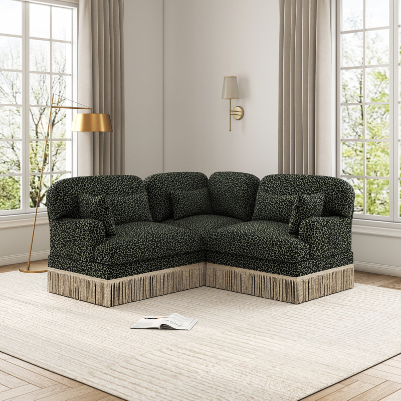 Canapé modulaire en L en chenille à imprimé léopard avec coussins et jupe à pampille, Green Black Leopard Print