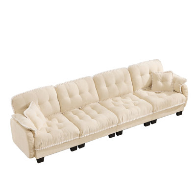 Chenille Cloud 4-Seater Sofa with 4 Pillows, Pom-Pom Trim Quilted Tufted Cushion Ergonomic Design, Easy Assembly Deep Seat Couch for Living Room Office, Apartment, Cream Beige