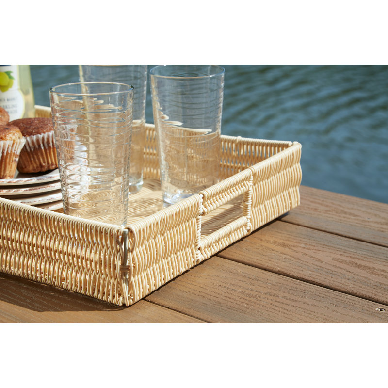 Contemporary Beige Faux Rattan Rectangular Tray with Metal Handles