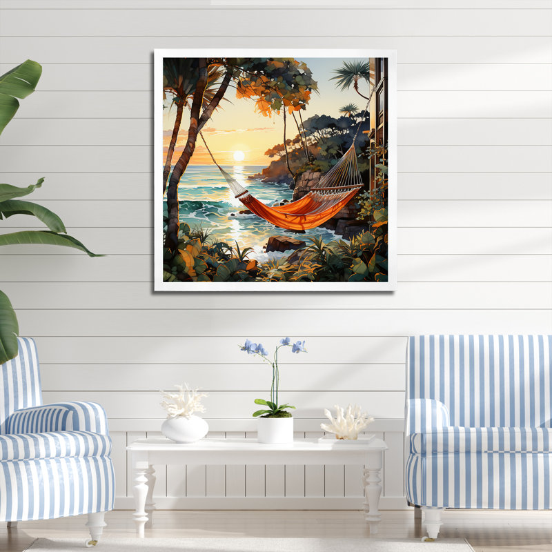 Coucher de soleil hamac près de la plage II - art mural côtier tropical, Cadre simple blanc, H 36 po x l 36 po x P 1,5 po