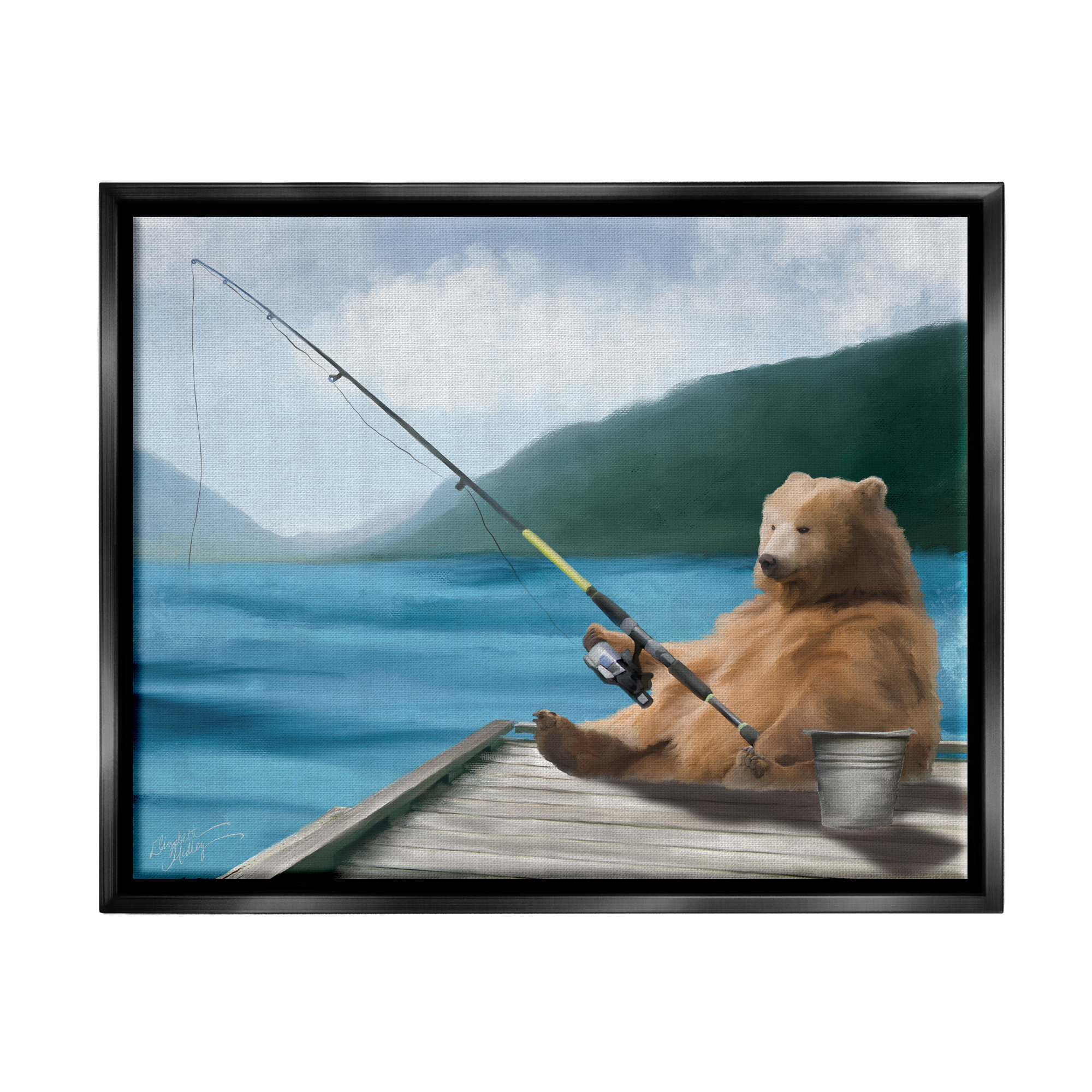 Stupell Bear Fishing Pole Lake Dock Framed Floater Canvas Wall Art by Elizabeth Medley - 21 x 17 - Black