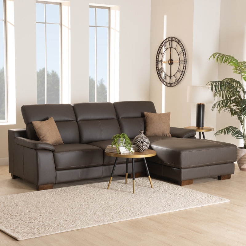 Upholstered L-Shaped Sectional Right Hand Facing, Brown Genuine Leather