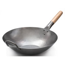 WANGYUANJI Cast Iron Wok Pan 14.2 Large Wok Stir Fry Pan Flat Bottom Wok  with Lid and Wood Handle,Suitable for All Cooktops, Uncoated Craft Wok