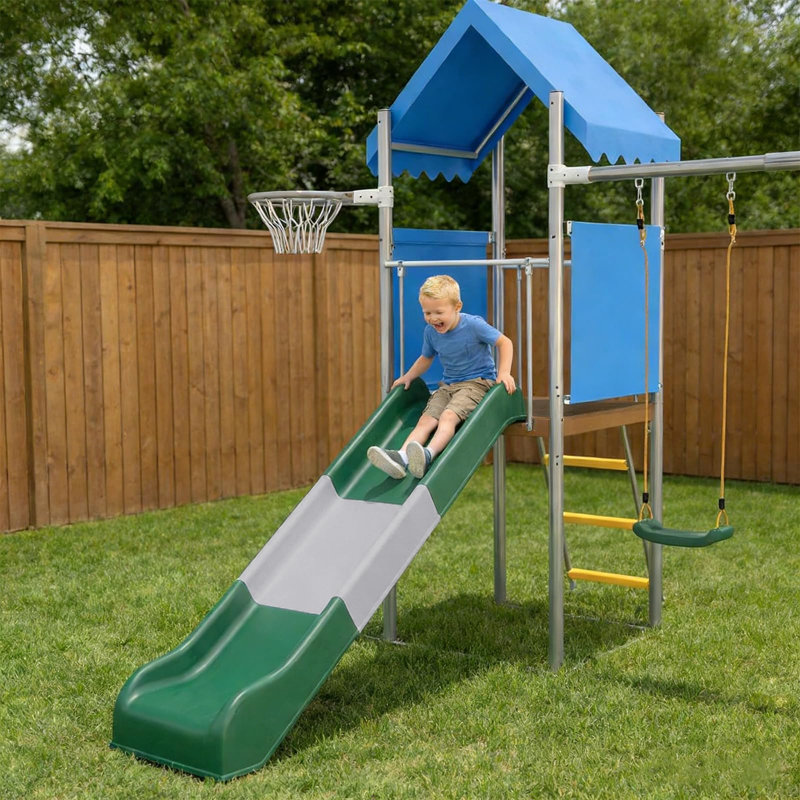 Ensemble de jeu pour enfants avec balançoires doubles, glissade et panier de basketball, équipement de terrain de jeu en acier galvanisé pour la cour