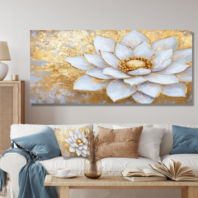 Golden Lotus White Dream II - Floral Metal Wall Decor, Lotus Metal Print