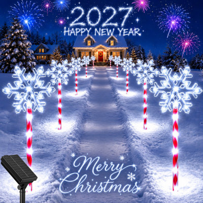 Décorations solaires de Noël pour l'extérieur, lumières de sentier flocon de neige, double charge solaire et USB-C blanches, 144 DEL, fonction de mémoire à 10 modes pour la cour