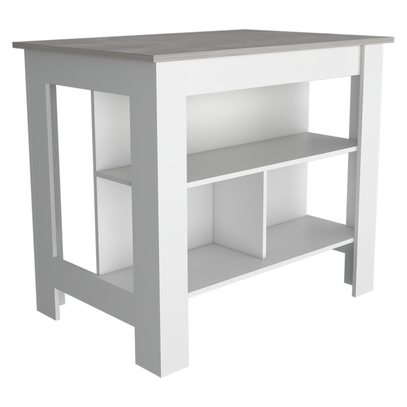 Îlot de cuisine Brooklyn, trois tablettes dissimulées, Blanc / Gris