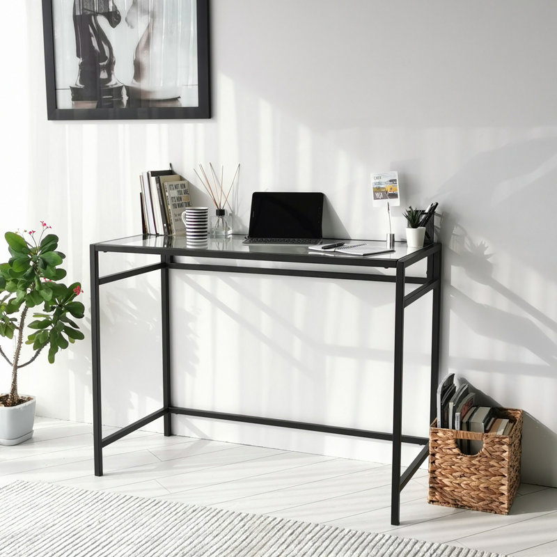 Modern Black Study Desk with 100% Tempered Glass Top, 4 mm Thickness | Sturdy Metal Frame, 39.4 x 29.5 x 17.7 inches | Wall-Mountable Design for Space-Saving, Sleek Industrial Style for Home Office