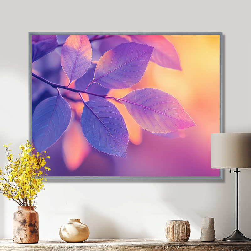 Coucher de soleil sur feuilles II - feuilles, art mural, H 30 po x l 40 po, Argent argent