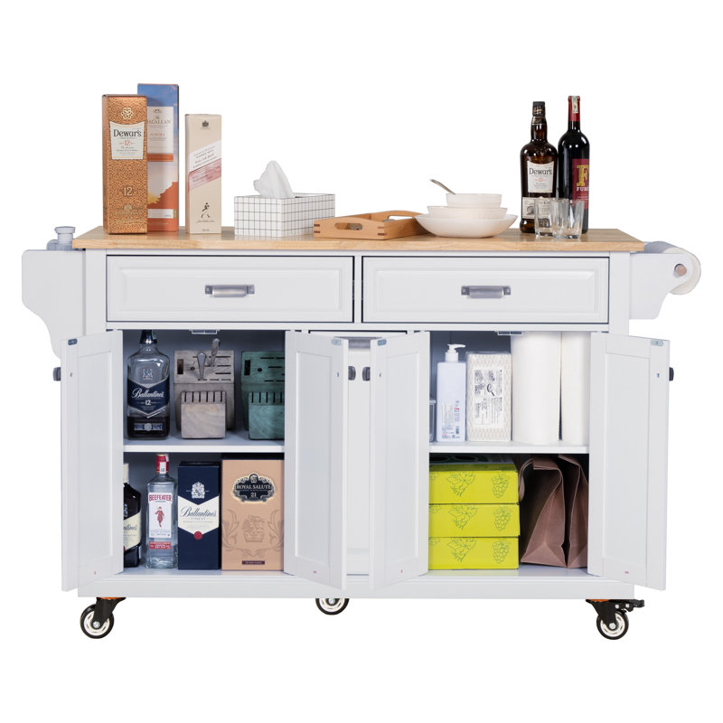 Kitchen Island with Rubber wood Countertop, Kitchen Cart on 5 Wheels with Storage Cabinet and 2 Top Drawers and A center double layered storage drawer for Dinning Room, White