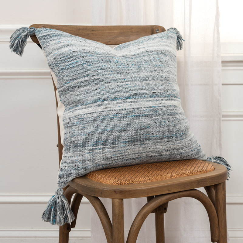 20" Gray and Teal Striped Tassel Throw Pillow