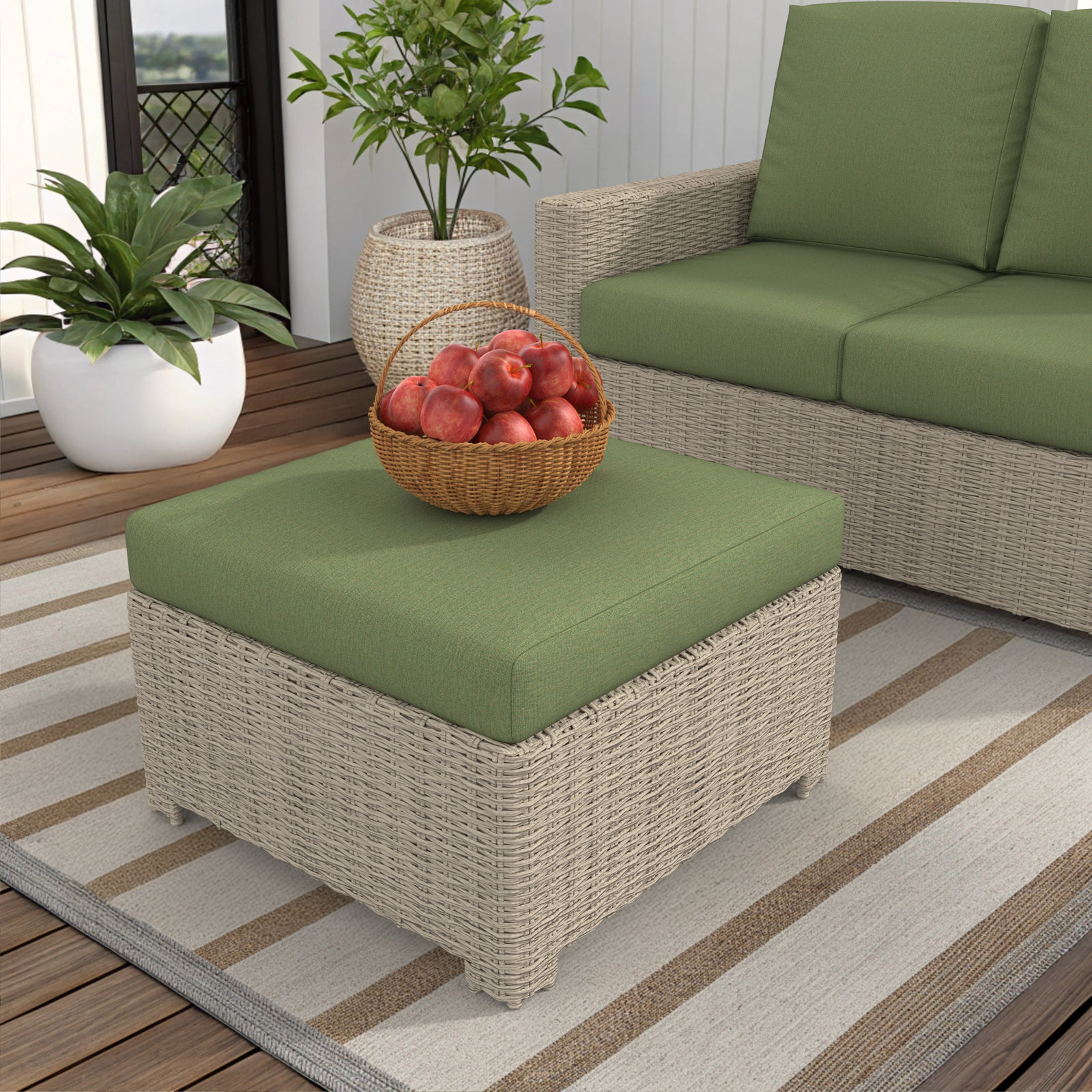 Outdoor Ottoman With Sunbrella Cushions, Canvas Fern