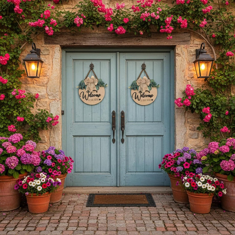 Panneau de bienvenue en bois 3D avec feuilles artificielles et perles rustiques, porte d'entrée de ferme et décor de porche