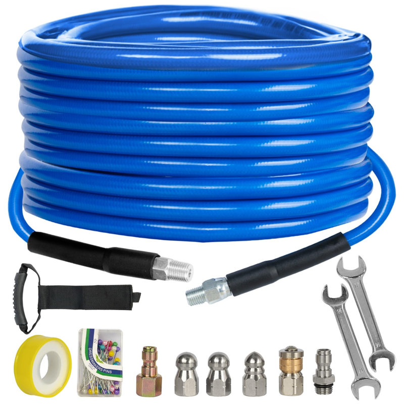 Ensemble de jets d'égout pour laveuse à pression, tuyau de nettoyage de drain de 50 pi, 4000 psi Npt 1/4 po, tuyau d'angle rotatif et bouton à jets d'égout