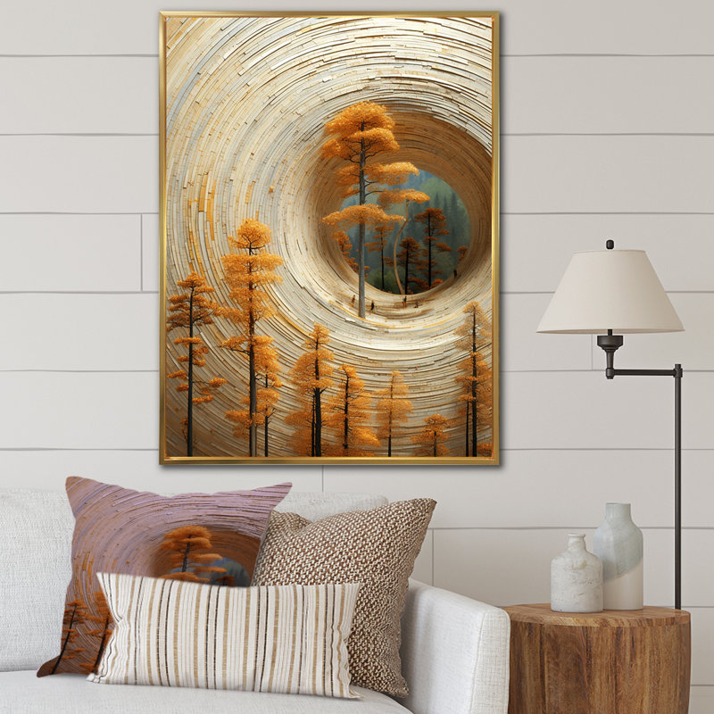 Abstrait pin en spirale Serenity III - Botanicals, art mural, Cadre flottant doré, H 20 po x l 12 po x P 1 po
