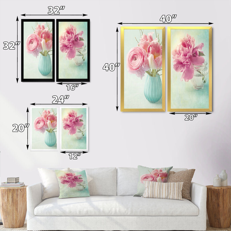 Fleurs de pivoines roses dans un vase - Ensemble de 2 peintures sur toiles, H 32 po x l 32 po x P 1 po, Cadre photo doré