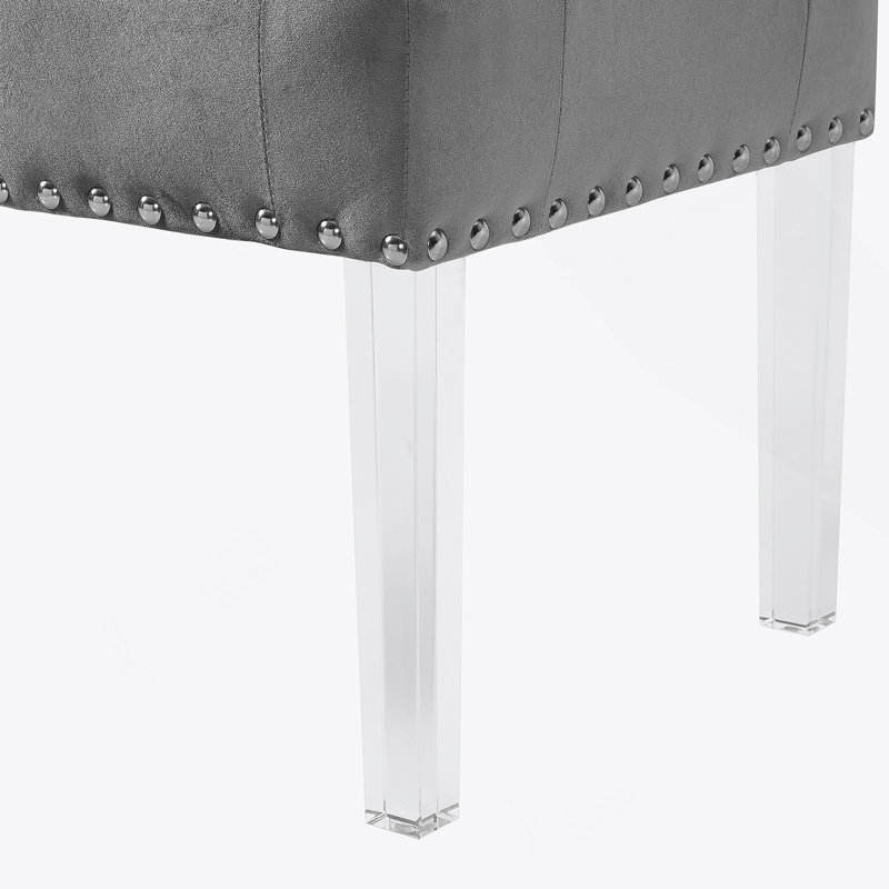 Banc rembourré en velours capitonné avec pieds en acrylique, gris