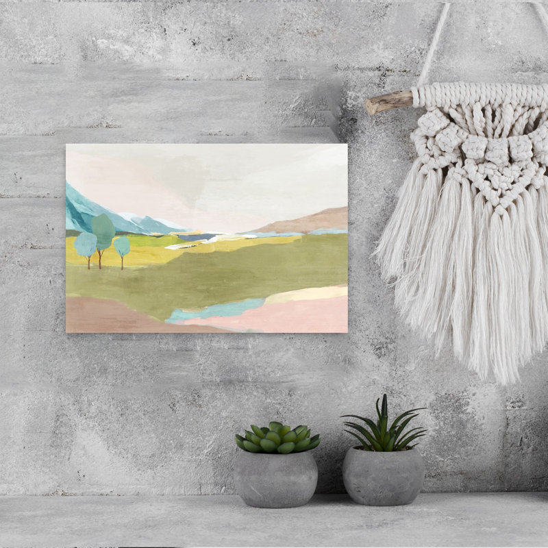 Tranquil Meadow with Distant Mountains Abstract Contemporary Landscape Nature, art mural, H 12 po x l 18 po