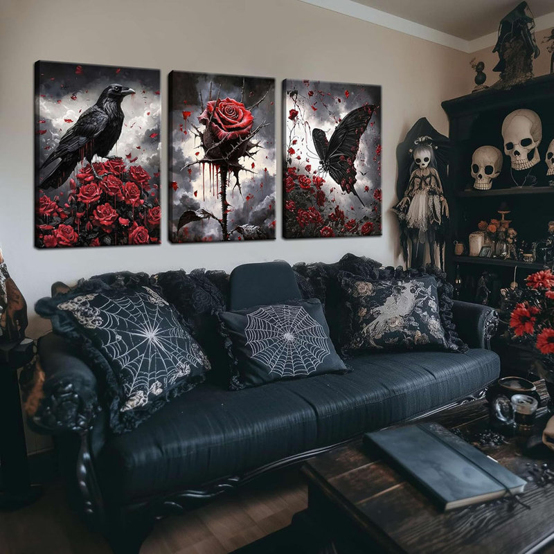 3 Piece Gothic Crow Canvas Wall Art Halloween Decor, Framed Dark Butterfly Aesthetic Pictures Prints, Goth Romantic Red Rose Wall Decor for Living Room Bedroom Halloween Decorations – 16x24in