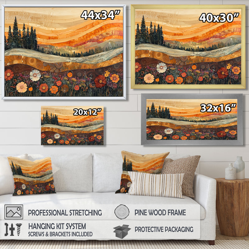 «Gobrias Wildflowers Farm Landscape Of Autumn River III», art mural fleurs sauvages, Brun, H 12 po x l 20 po