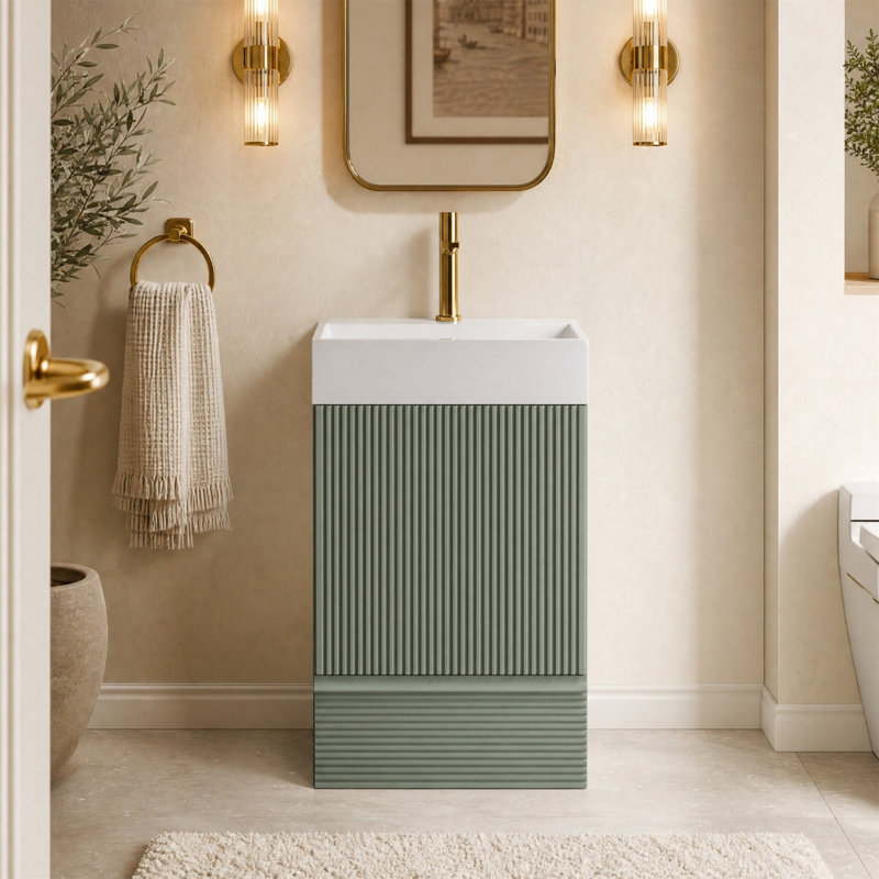 Meuble-lavabo cannelé de 20 po avec lavabo en céramique, porte et tiroir à fermeture en douceur