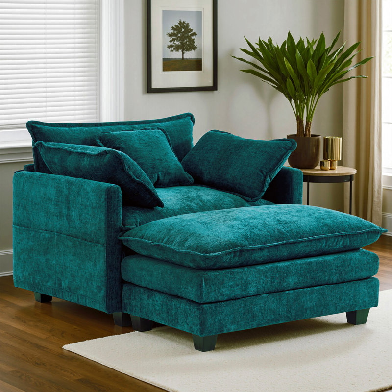 Chaise Lounge Chair Indoor with Ottoman, Oversized Chenille Lounge Sofa Chair, Comfy Reading Chair with Double-sided Armrest and Lumbar Support for Bedroom, Living Room, Office