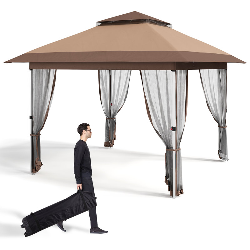 Gazebo Outdoor Pop up Canopy Tent with Curtains, Brown, 11.83' x 11.83'
