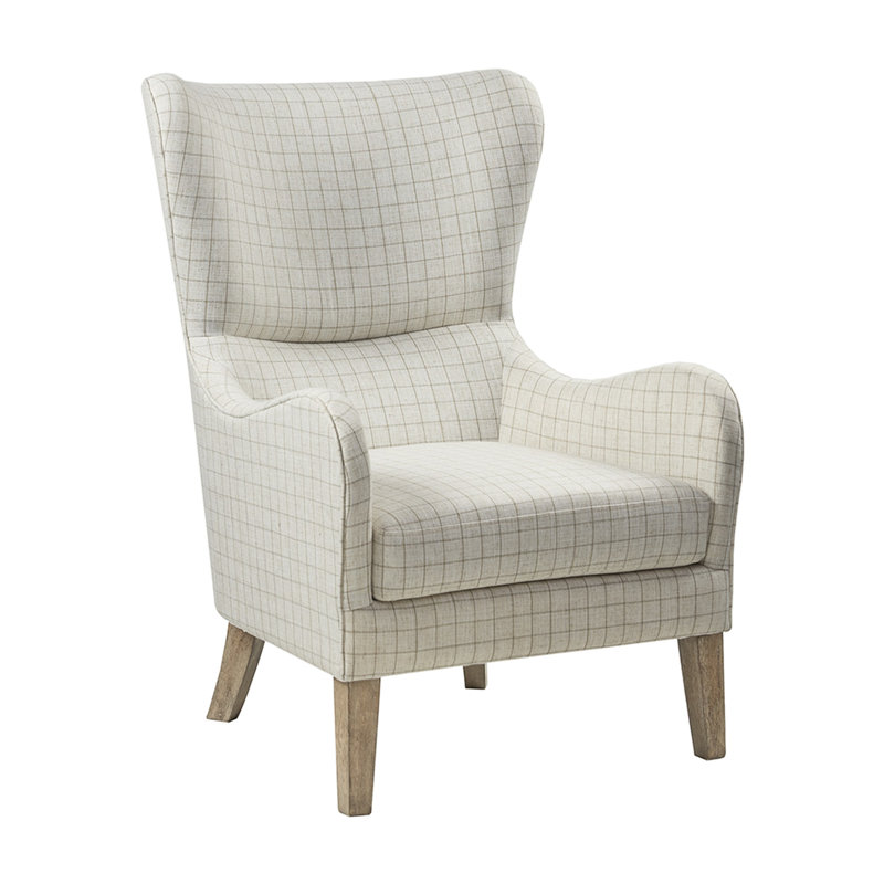 Fauteuil à oreilles Swoop beige, pieds en bois massif, dossier à oreilles, accoudoirs ronds, coussin de siège en mousse haute, tissu incliné: soutien
