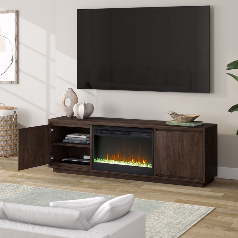 Nieshia Rectangular TV Stand with 26" Crystal Fireplace for TV's up to 75", Dark Brown Wood