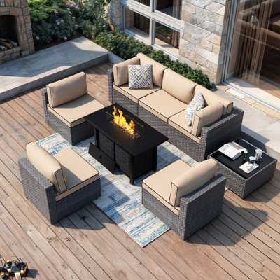 Emanie 6-Person Wicker Outdoor Seating Group with Cushions and Fire Pit