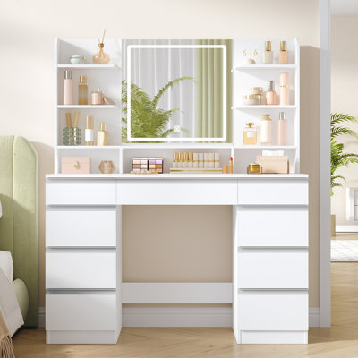 Dressing Table with Bulb/LED Light, Vanity Desk with 1 Large Drawer and 8 Small Drawer Cabinets, Adjustable Brightness, Large HD Mirror, 9 Open Storage Areas