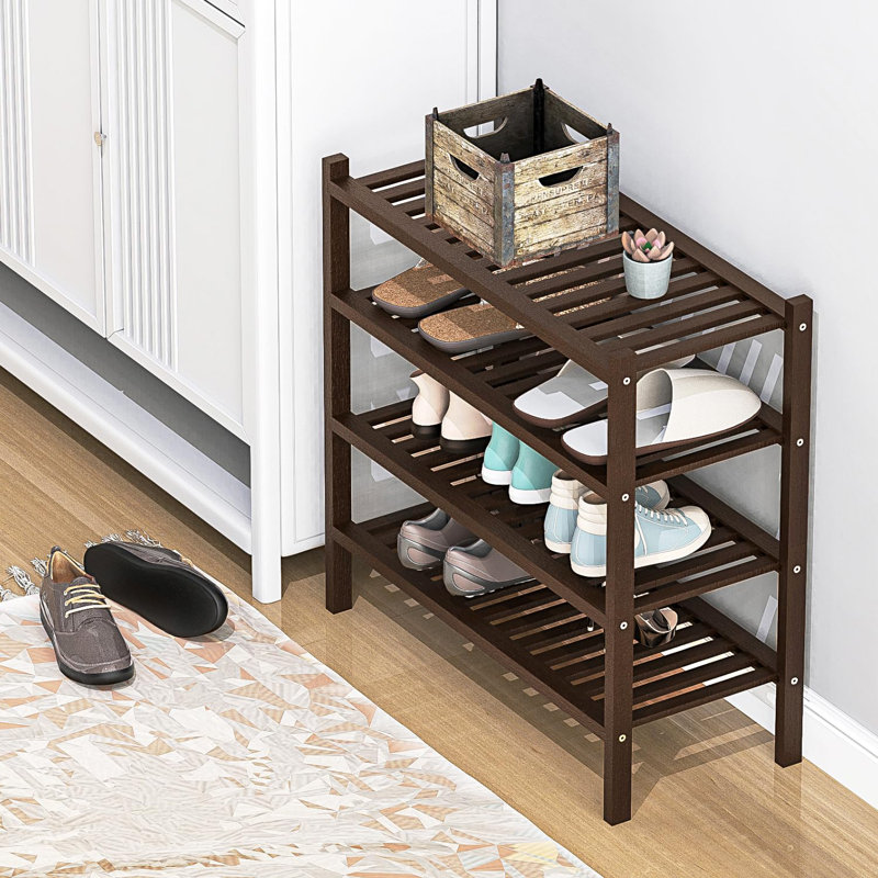 Shoe Rack 4-Tier Organizer-Stackable Storage Shelf With Multi-Function Combinations-Free Standing Bamboo Shoe Racks(Brown, 4-Tier)