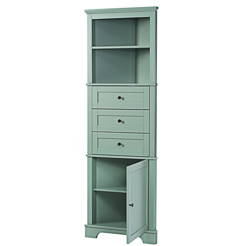 Armoire de salle de bain triangulaire haute avec tiroirs et tablettes réglables, Vert